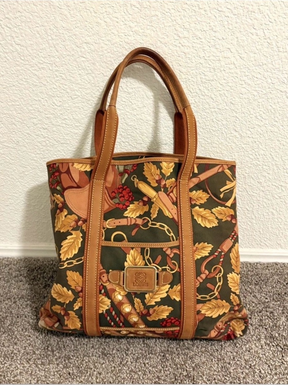 Leather-Trim Olive & Gold Printed Tote Bag
